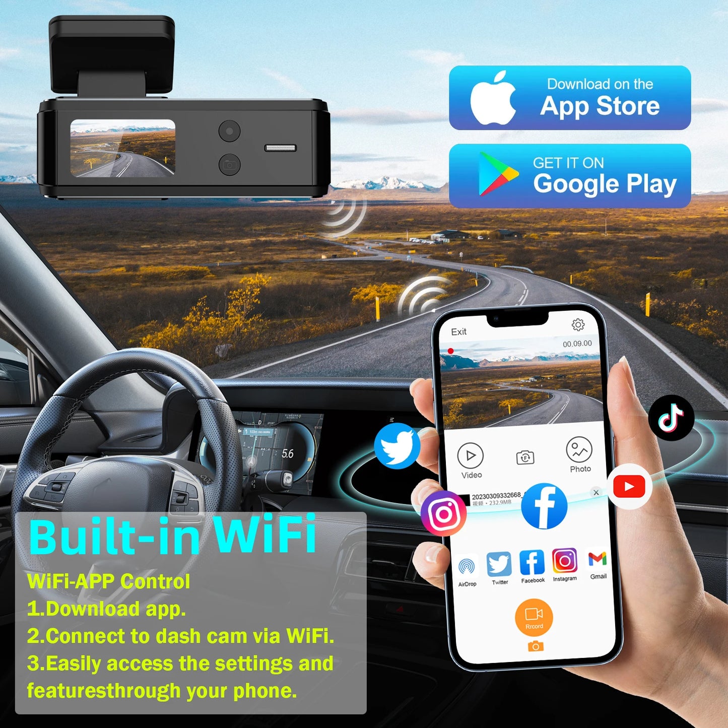 Aprilboy 4K Dual Dash Cam with WiFi β Front and Rear 2160P Car Camera with Night Vision, G-Sensor & 24H Parking Monitor