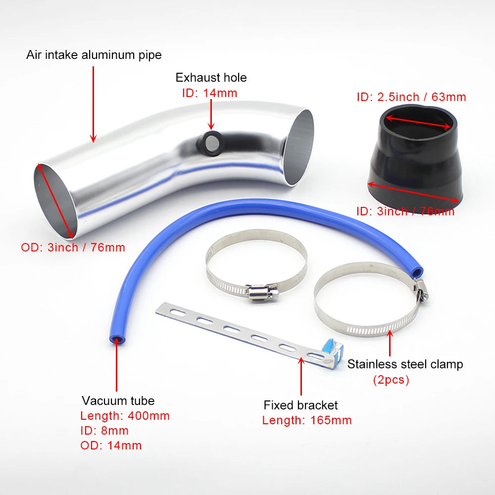 76mm High-Flow Cold Air Intake Kit with Mushroom Head Filter – Universal Performance Aluminum Pipe System
