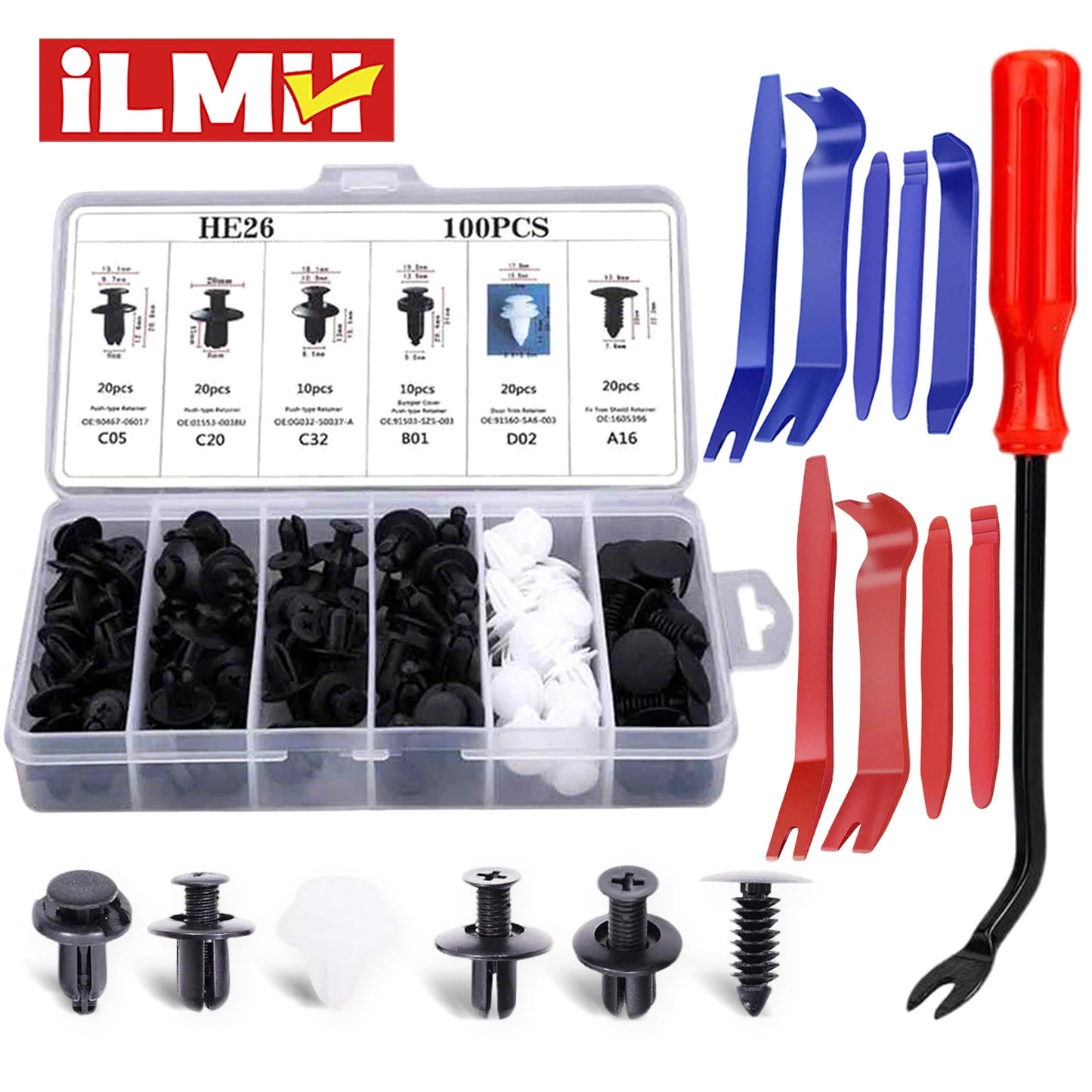 100pcs Auto Fastener Clip Kit – Car Body Push Retainer Pins, Rivet Clips for Bumper, Fender, Door & Trim Panels
