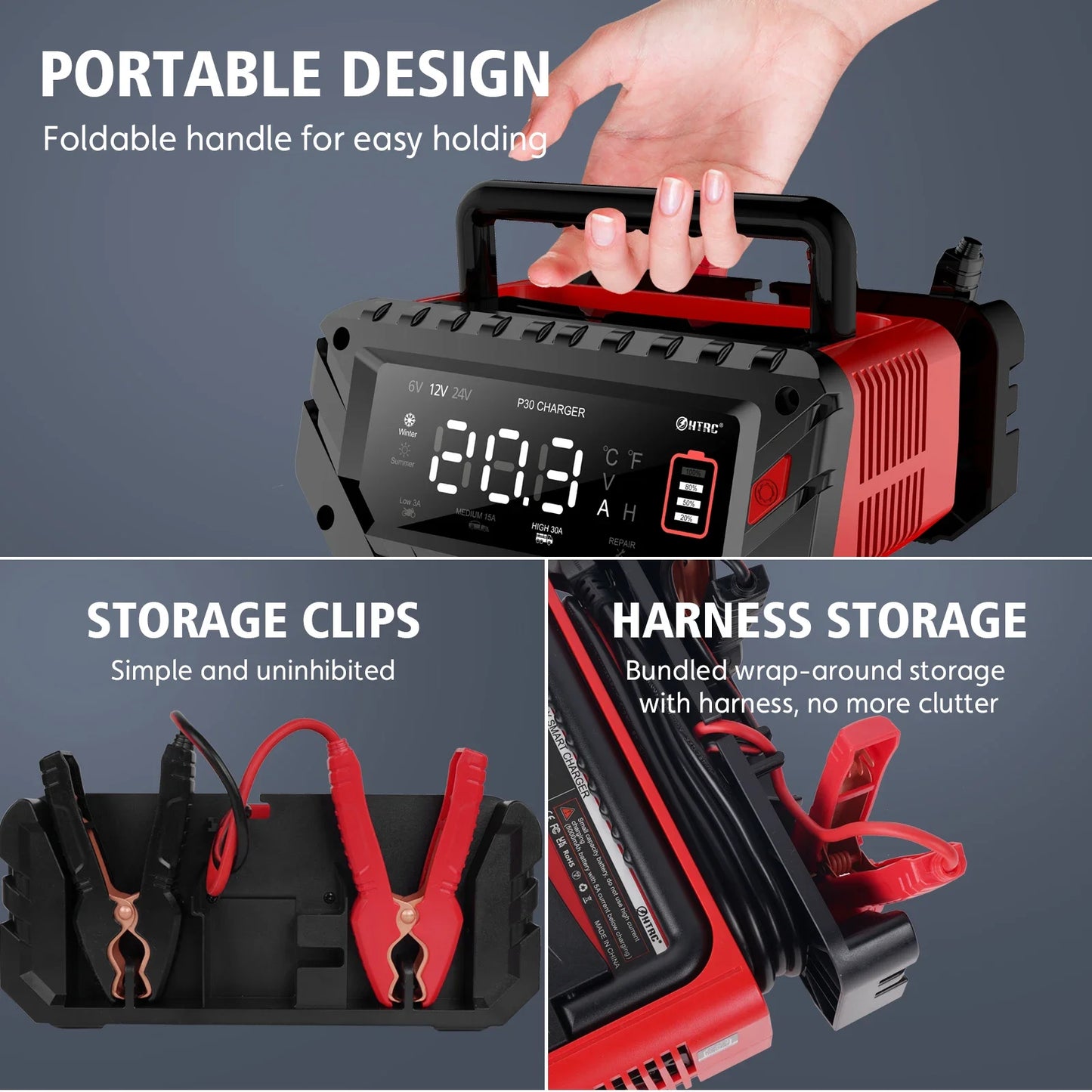 12V/30A 24V/16A Smart Car Battery Charger – 6V/10A Motorcycle Repair Mode – For Lead Acid, AGM, GEL, Lithium, LiFePO4 Batteries