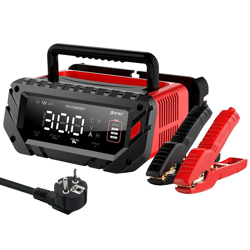 12V/30A 24V/16A Smart Car Battery Charger – 6V/10A Motorcycle Repair Mode – For Lead Acid, AGM, GEL, Lithium, LiFePO4 Batteries