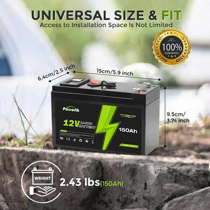 12V 150Ah Lithium LiFePO4 Deep Cycle Battery with Built-in BMS – Ideal for Solar, Fish Finder, Power Wheels, Lighting & Off-Grid Applications