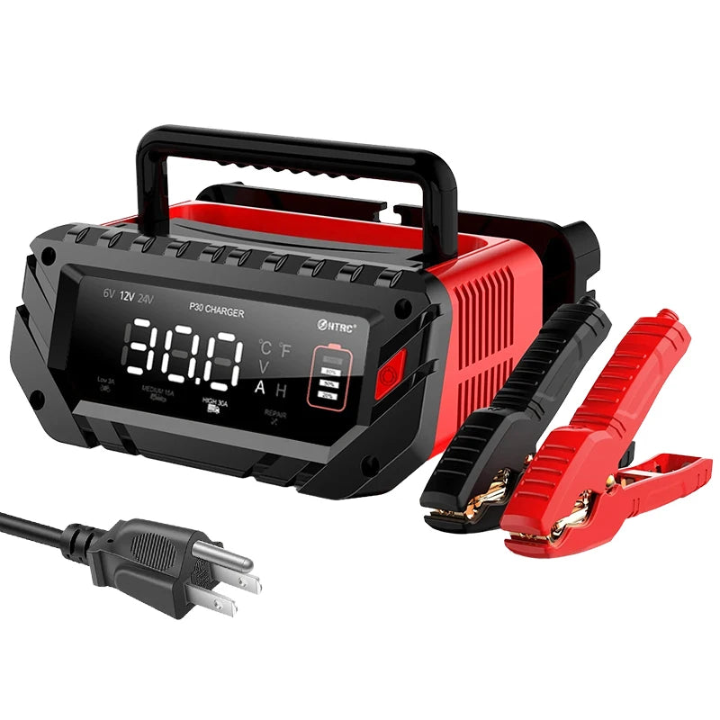 12V/30A 24V/16A Smart Car Battery Charger – 6V/10A Motorcycle Repair Mode – For Lead Acid, AGM, GEL, Lithium, LiFePO4 Batteries