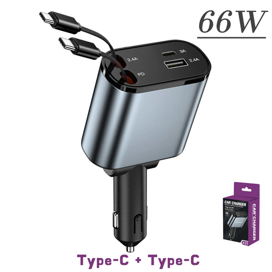 120W 4-in-1 Retractable Car Charger | Fast Charging | USB + Type-C + Lightning | PD & QC Support