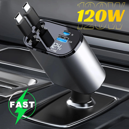 120W 4-in-1 Retractable Car Charger | Fast Charging | USB + Type-C + Lightning | PD & QC Support