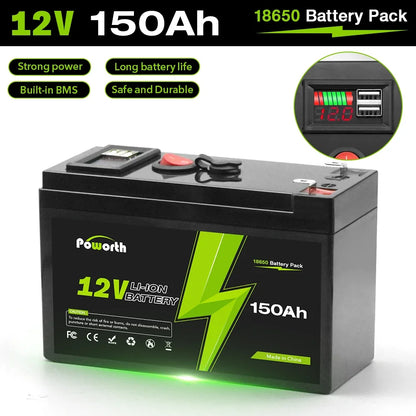 12V 150Ah Lithium LiFePO4 Deep Cycle Battery with Built-in BMS – Ideal for Solar, Fish Finder, Power Wheels, Lighting & Off-Grid Applications