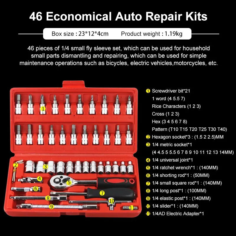 46pcs / 53pcs Car Repair Tool Kit – 1/4-Inch Socket Set with Ratchet & Torque Wrench Combo for Auto Repair & Mechanic Use