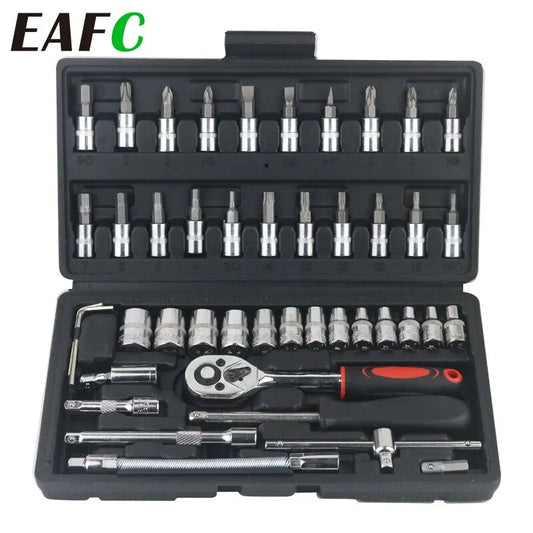 46pcs / 53pcs Car Repair Tool Kit – 1/4-Inch Socket Set with Ratchet & Torque Wrench Combo for Auto Repair & Mechanic Use