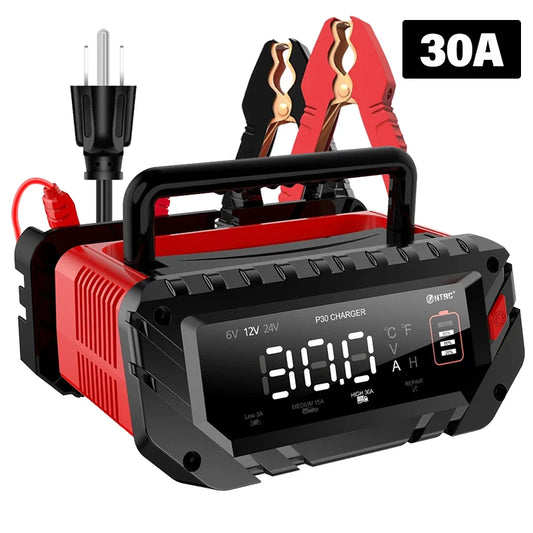 12V/30A 24V/16A Smart Car Battery Charger – 6V/10A Motorcycle Repair Mode – For Lead Acid, AGM, GEL, Lithium, LiFePO4 Batteries
