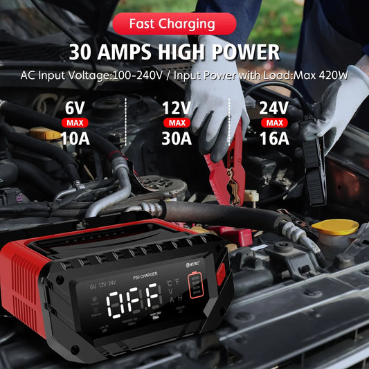 12V/30A 24V/16A Smart Car Battery Charger – 6V/10A Motorcycle Repair Mode – For Lead Acid, AGM, GEL, Lithium, LiFePO4 Batteries